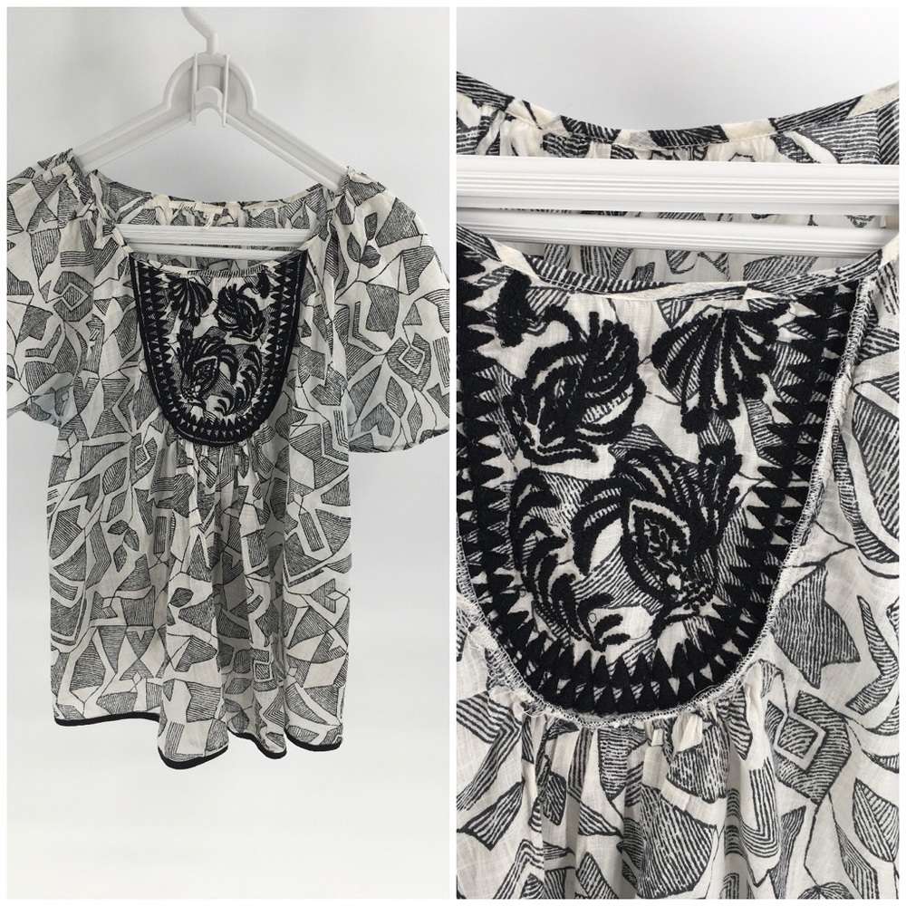 Anthropologie Floreat Tan Blue Flowy Top M